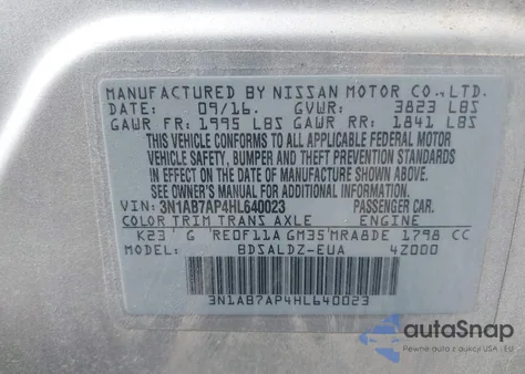 2017 Nissan Sentra S/Sl/Sr/Sv z USA, uszkodzony, nr VIN 3N1AB7AP4HL640023